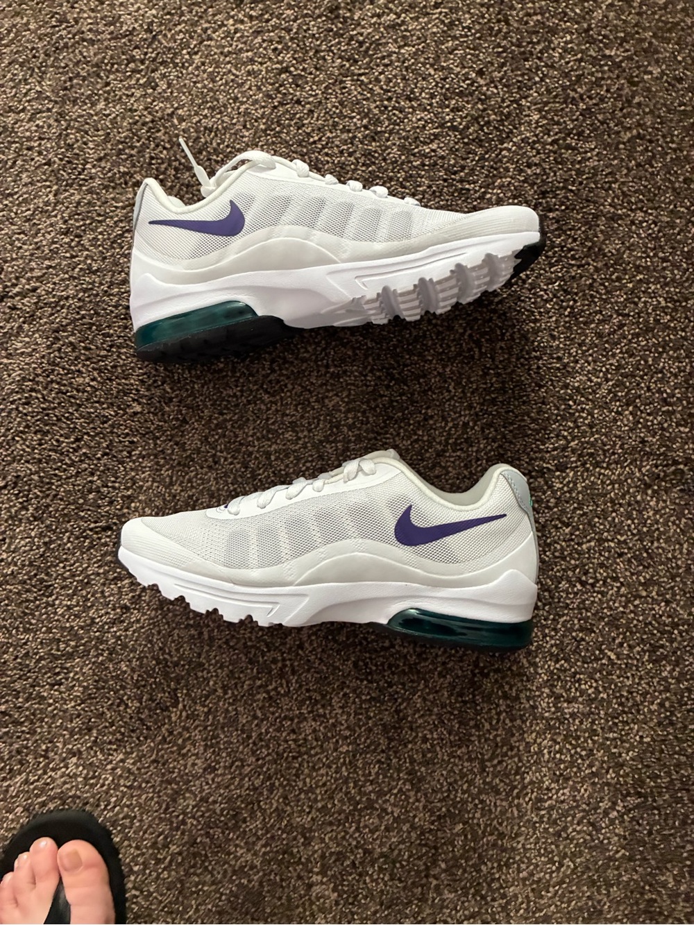 Nike Women’s White Sneakers with Purple Swoosh and Teal Air Unit